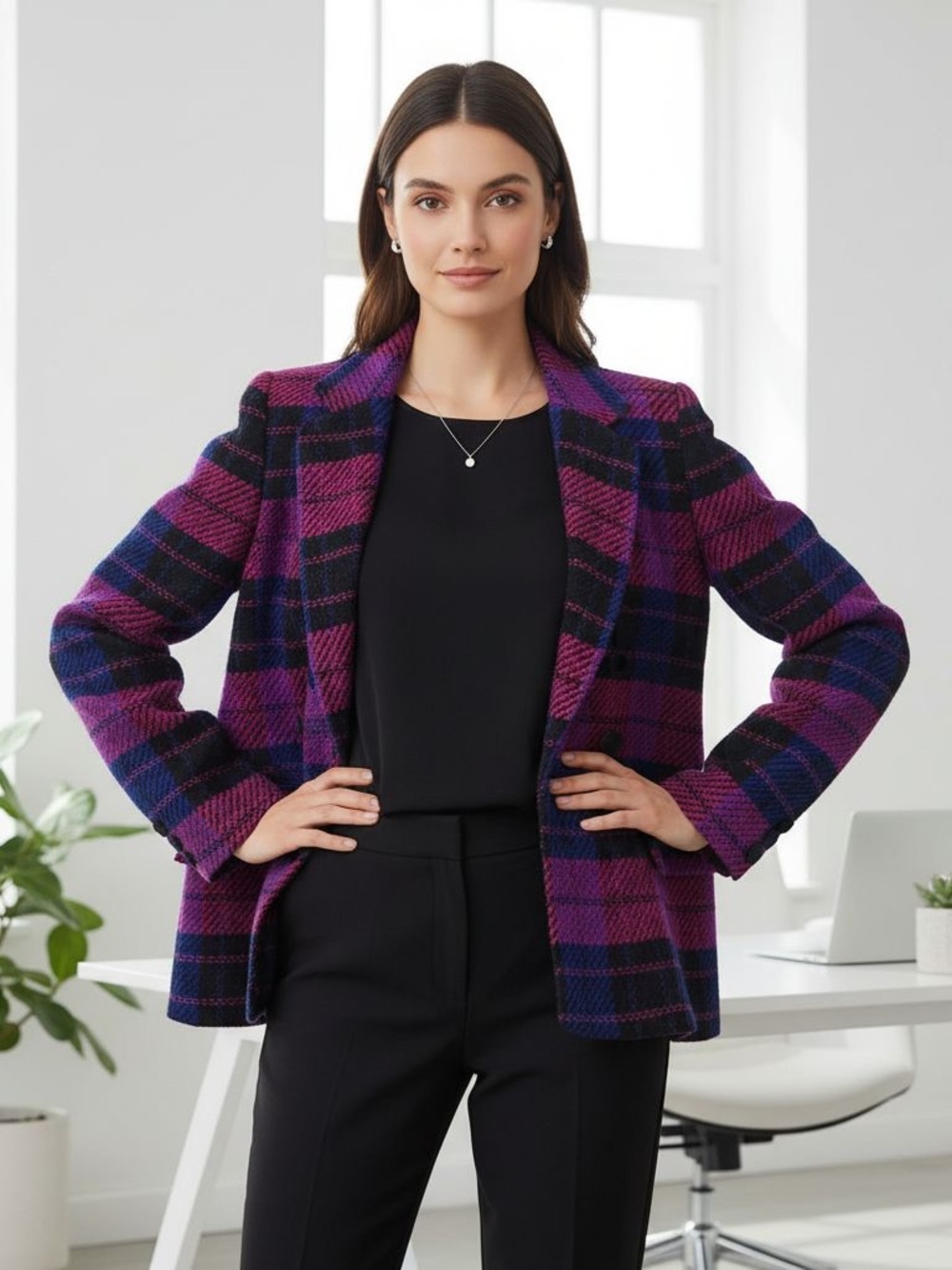 Women's Purple Plaid Tailored Blazer